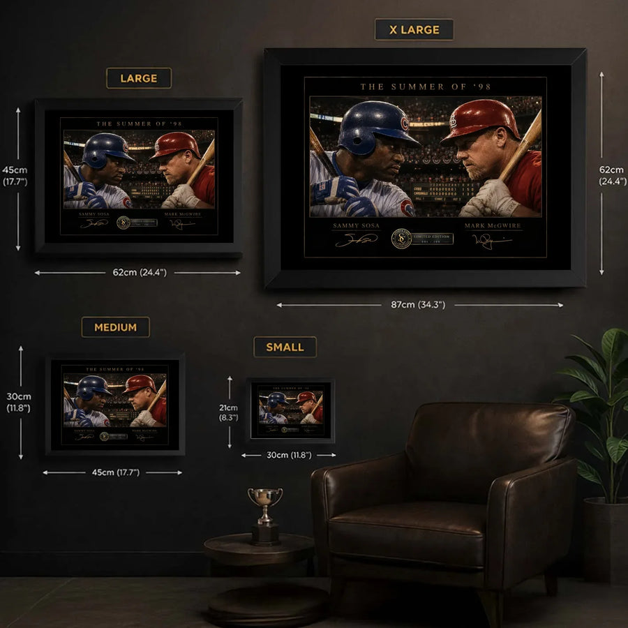 Size guide for Sosa vs McGwire Summer of ’98 framed baseball wall art in Small, Medium, Large and XL formats.