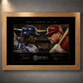 Oak framed Sosa vs McGwire Summer of ’98 baseball wall art, crafted as a premium limited edition sports collectible.