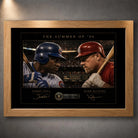 Oak framed Sosa vs McGwire Summer of ’98 baseball wall art, crafted as a premium limited edition sports collectible.