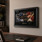 Sosa vs McGwire Summer of ’98 framed baseball wall art displayed above a desk in a refined modern home office.