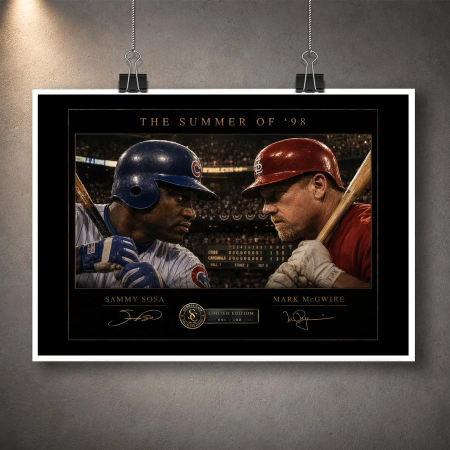 Unframed Sosa vs McGwire Summer of ’98 baseball wall art, a limited edition sports print for serious collectors.