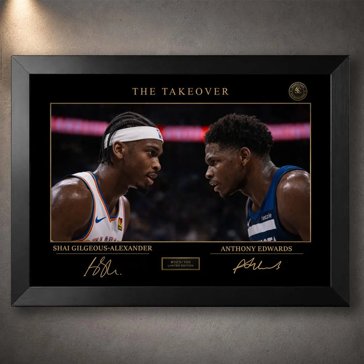Black-framed NBA wall art showing SGA facing Anthony Edwards in The Take Over design.