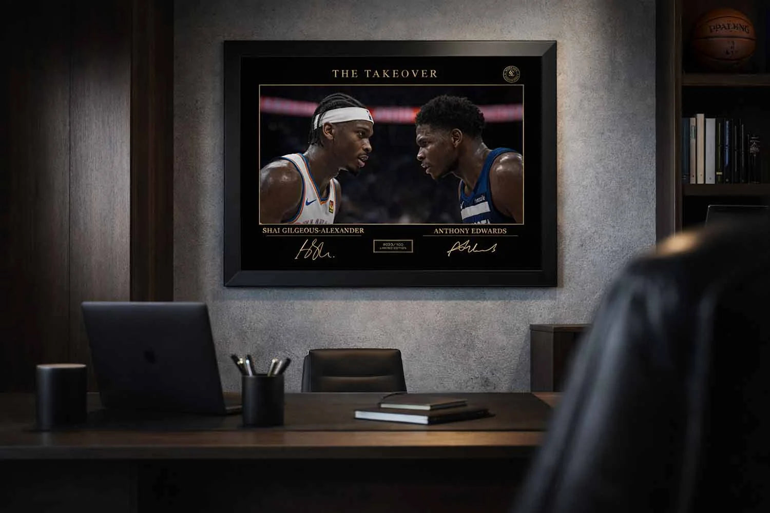 Premium office setting with Shai Gilgeous-Alexander vs Anthony Edwards framed piece, showcasing limited edition sports prints.