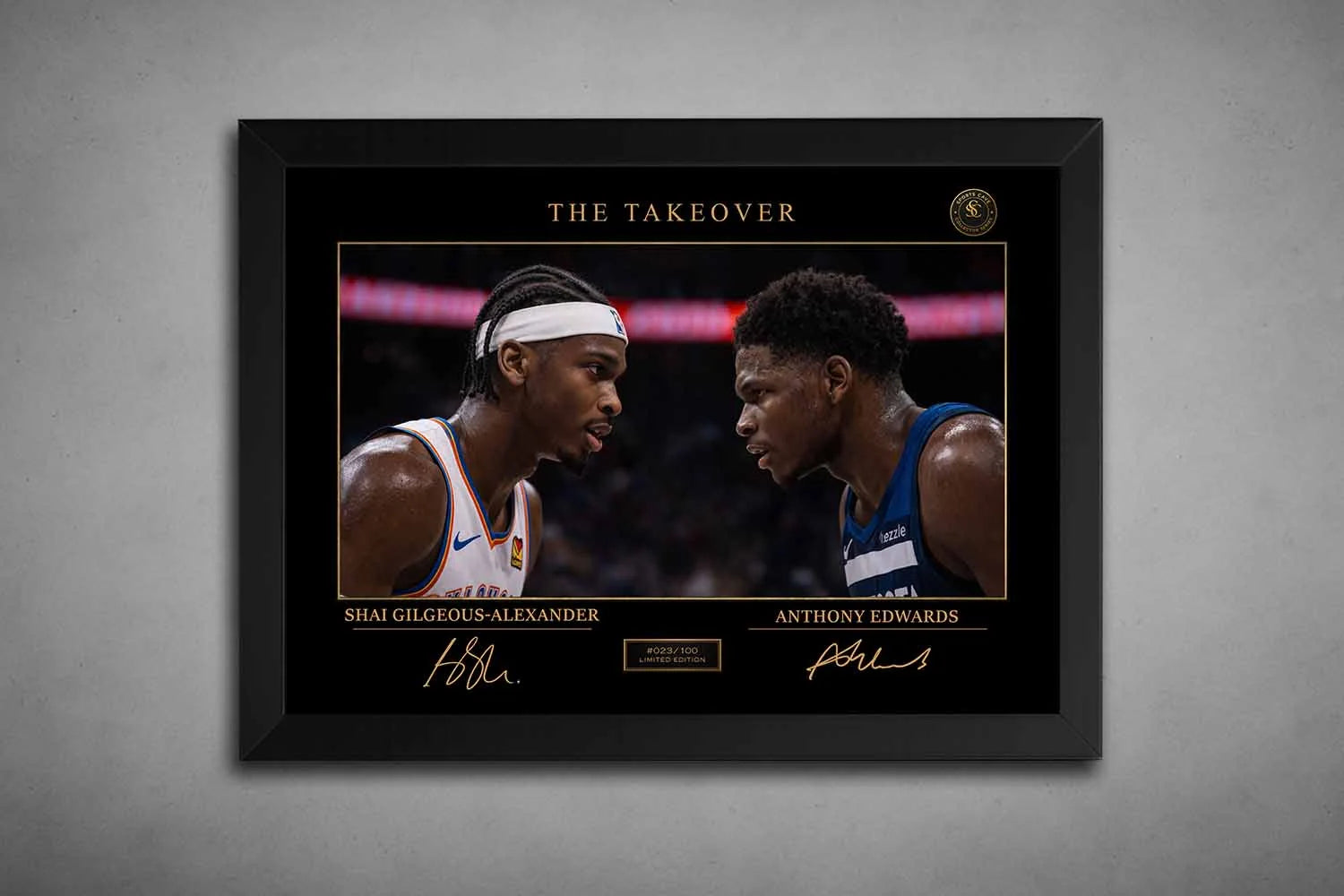 Black-framed artwork of Shai Gilgeous-Alexander vs Anthony Edwards faceoff, premium sports wall art with bold rivalry focus.