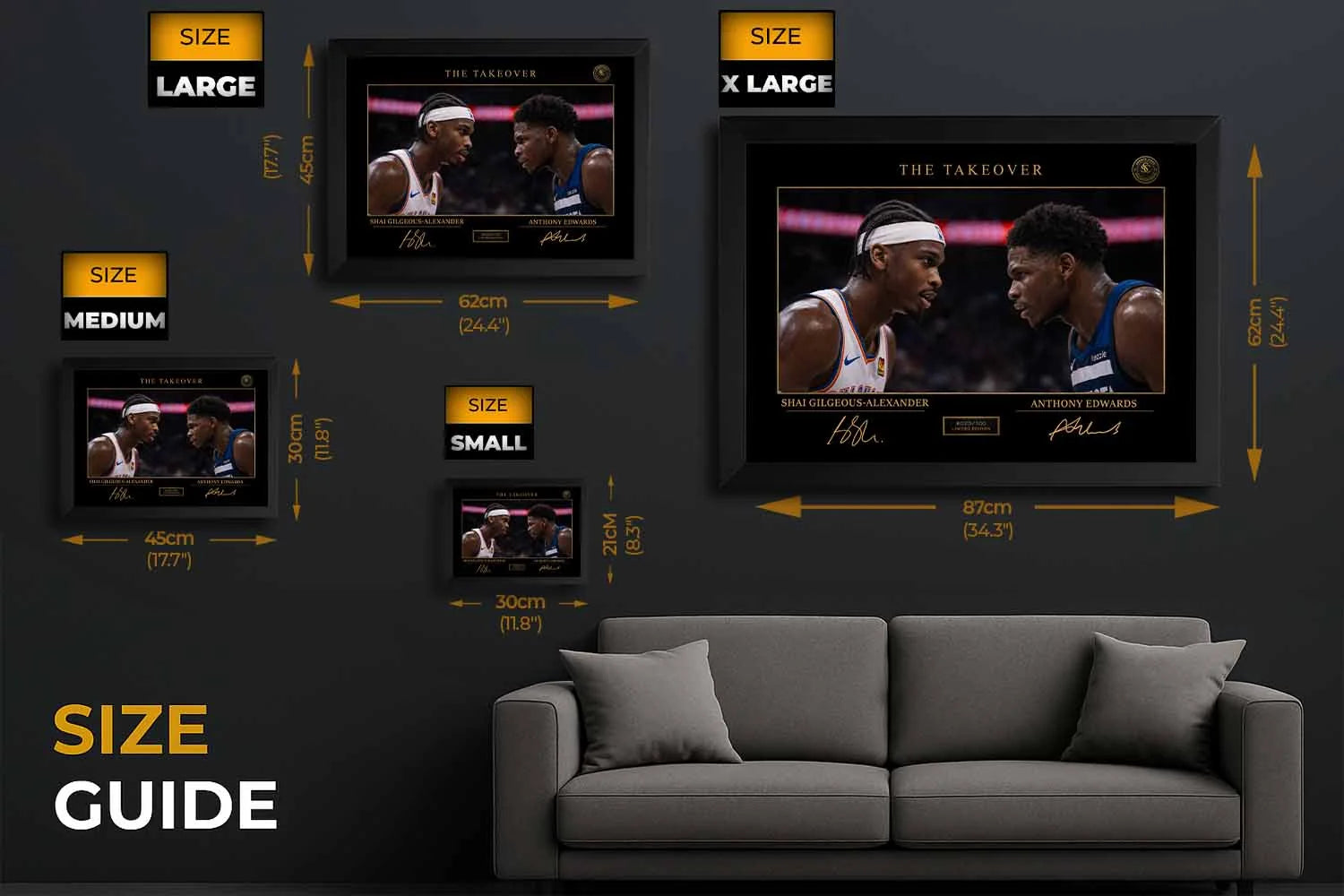 Size guide for SGA vs Anthony Edwards wall art, helping visualize premium sports collectibles in multiple display options.