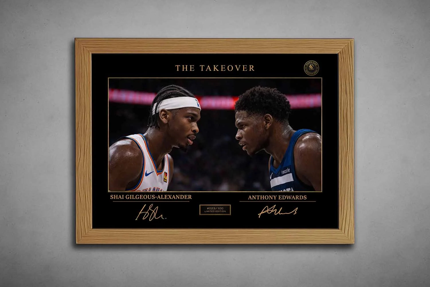 Oak frame version of Shai Gilgeous-Alexander vs Anthony Edwards rivalry piece, framed sports art with a clean premium finish.