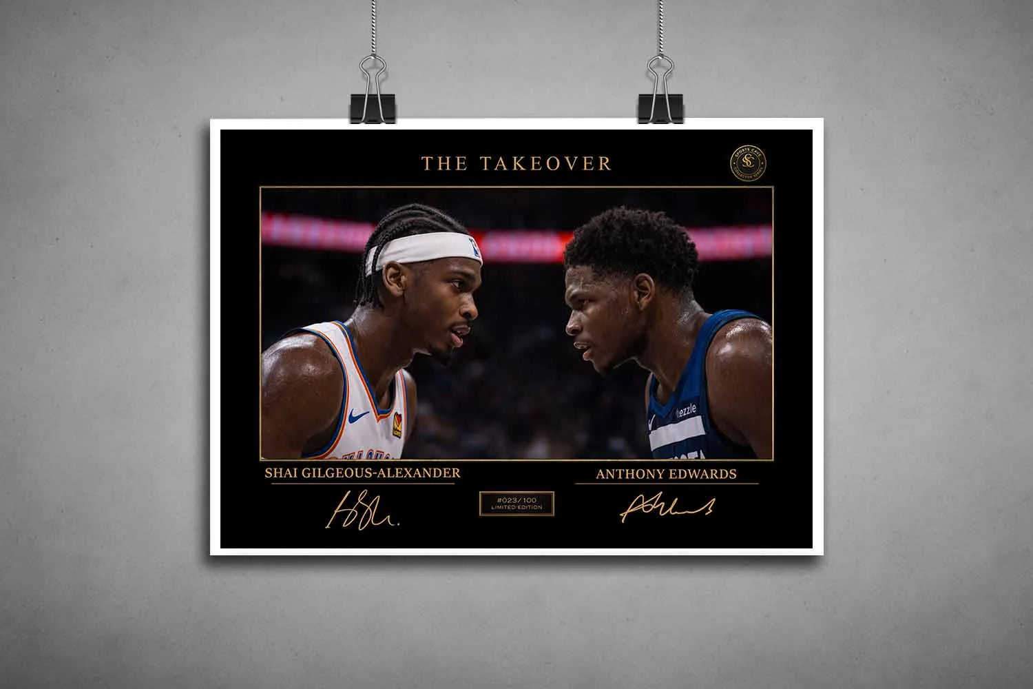 Unframed print of Shai Gilgeous-Alexander vs Anthony Edwards, detailed sports art prints showcasing elite NBA matchup.