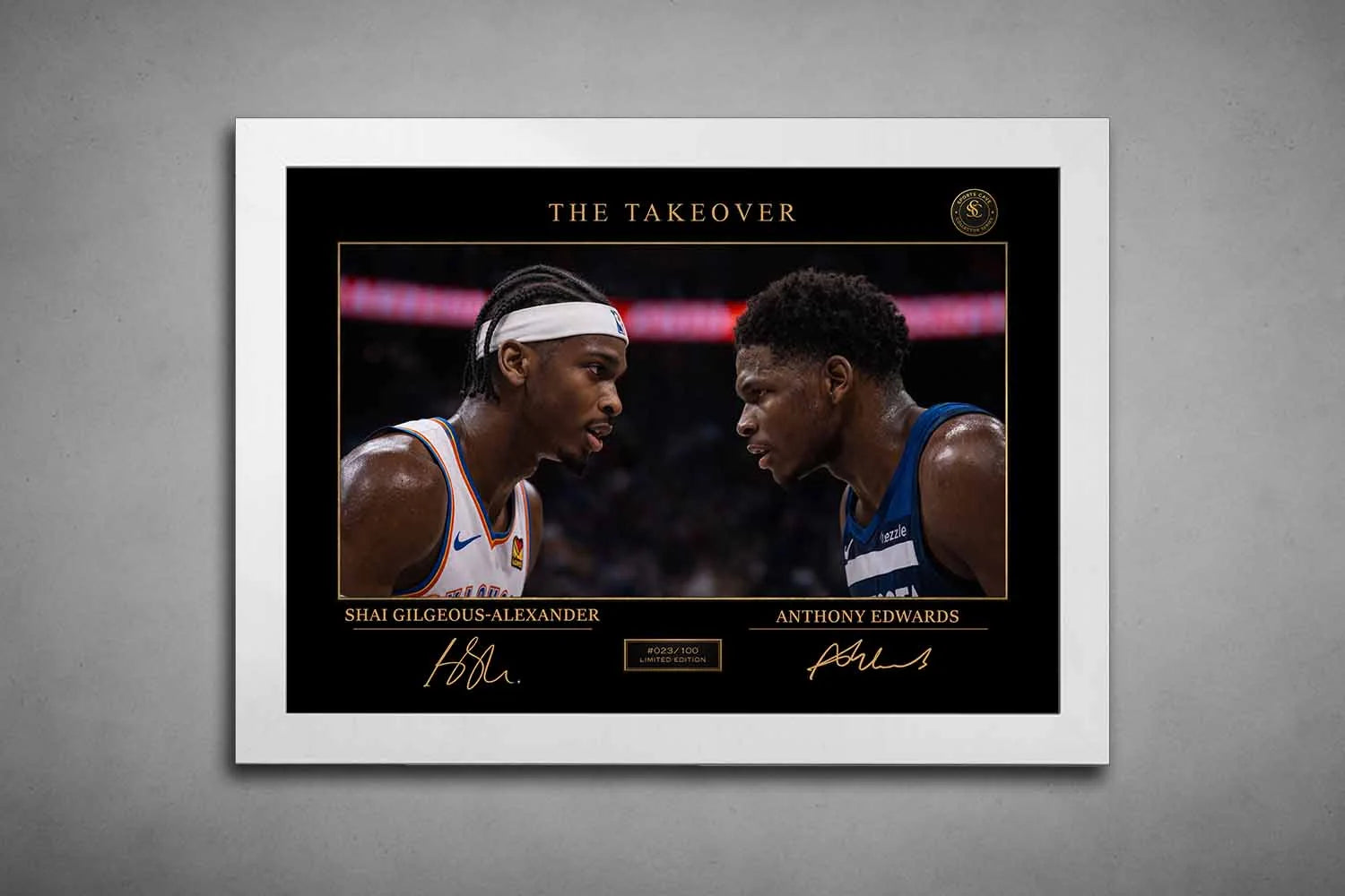 White-framed Shai Gilgeous-Alexander vs Anthony Edwards artwork, modern sports wall art highlighting intense NBA rivalry.
