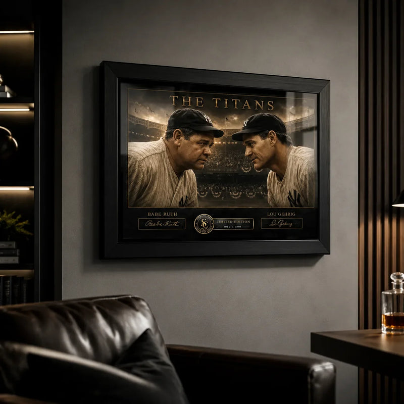 Babe Ruth and Lou Gehrig framed baseball wall art displayed in a premium masculine man cave.