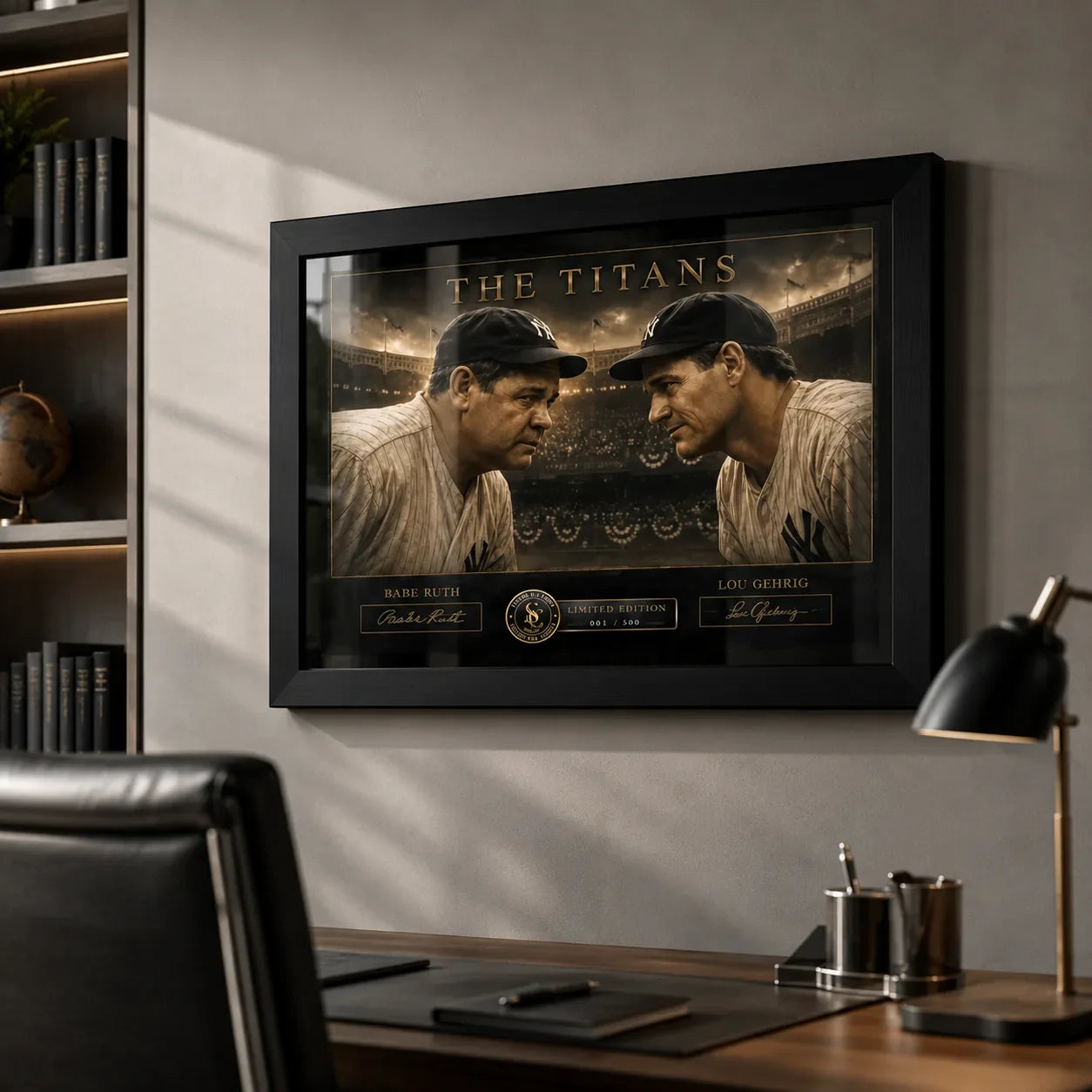 Babe Ruth and Lou Gehrig framed baseball wall art displayed in a refined premium office.