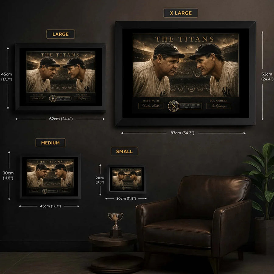Size guide for The Titans Babe Ruth and Lou Gehrig framed baseball wall art in four available sizes.