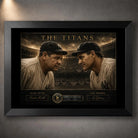Babe Ruth and Lou Gehrig framed baseball wall art titled The Titans in a premium black frame.