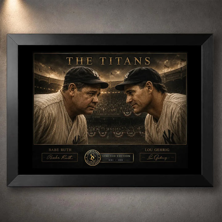 Babe Ruth and Lou Gehrig framed baseball wall art titled The Titans in a premium black frame.