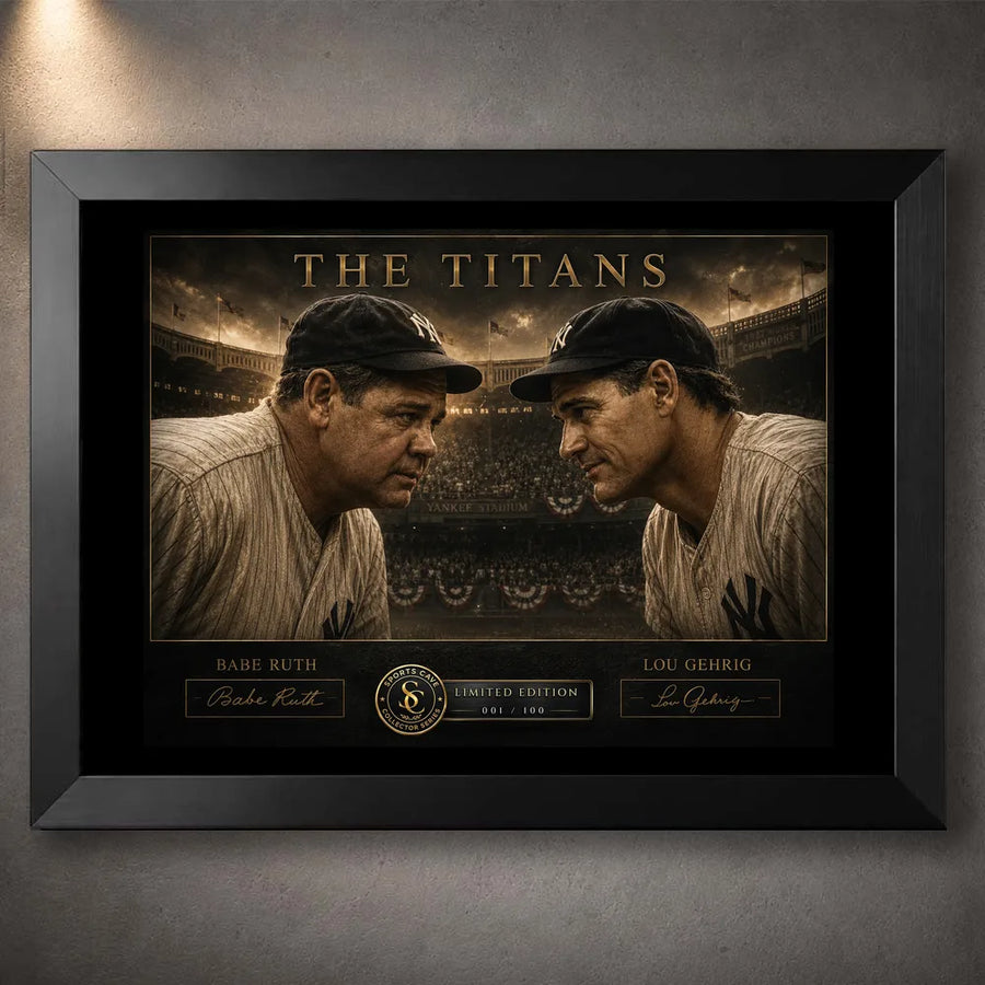 Babe Ruth and Lou Gehrig framed baseball wall art titled The Titans in a premium black frame.