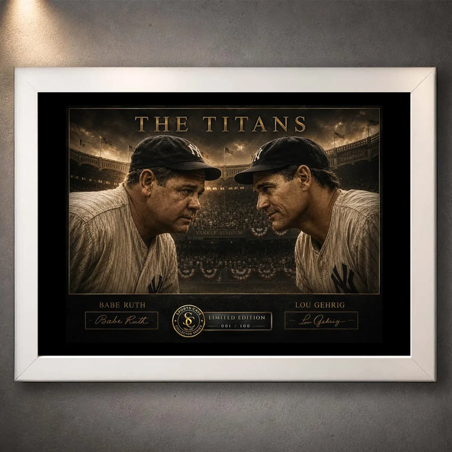 Babe Ruth and Lou Gehrig baseball wall art titled The Titans in a clean premium white frame.