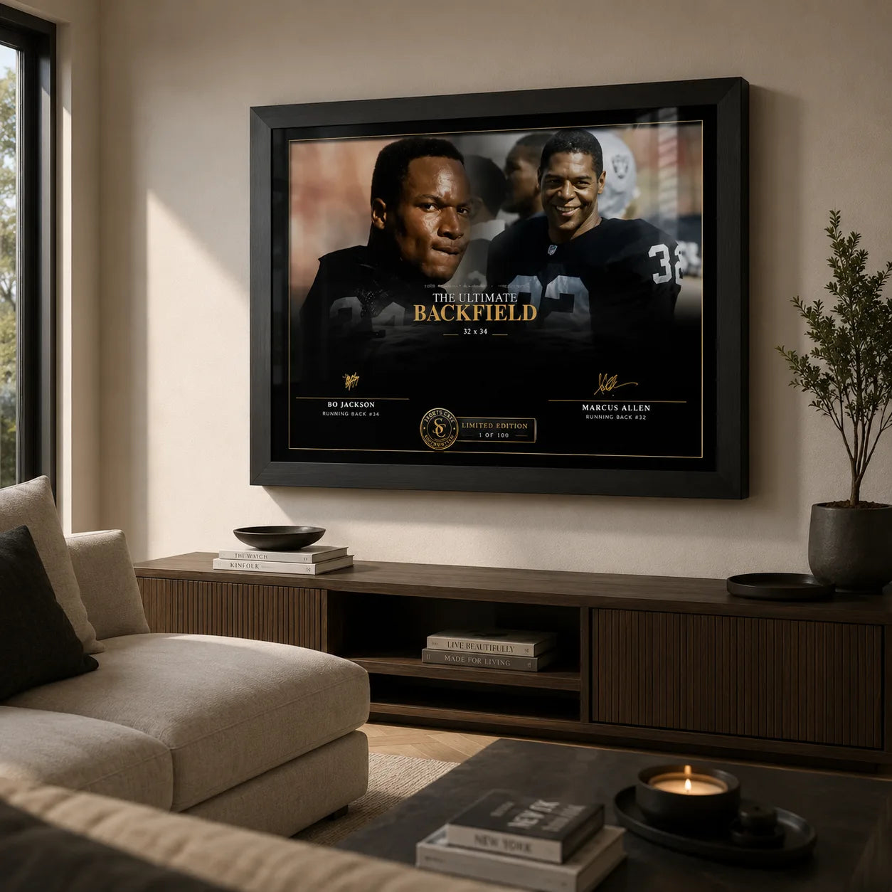 The Ultimate Backfield Bo Jackson and Marcus Allen wall art displayed in a warm modern living room above a wooden console.