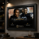 The Ultimate Backfield Bo Jackson and Marcus Allen wall art displayed in a dark sports man cave with leather seating.