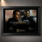 Black framed Bo Jackson and Marcus Allen NFL wall art featuring The Ultimate Backfield collector design.
