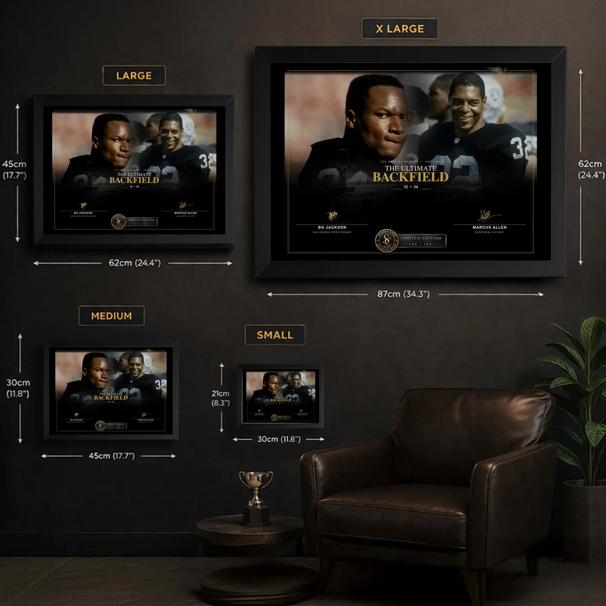 The Ultimate Backfield wall art size guide showing Small, Medium, Large and X Large framed dimensions.
