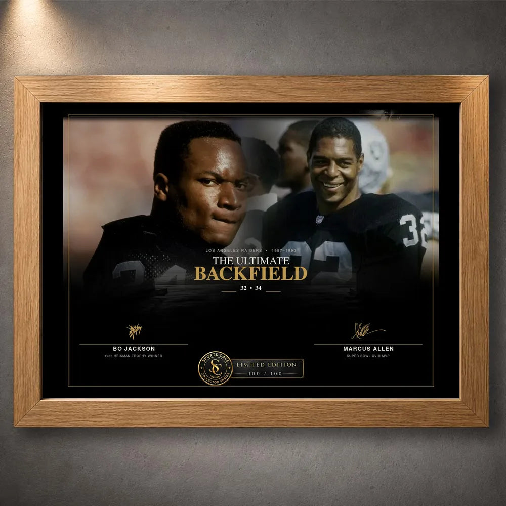 Oak framed Bo Jackson and Marcus Allen NFL wall art featuring The Ultimate Backfield collector design.