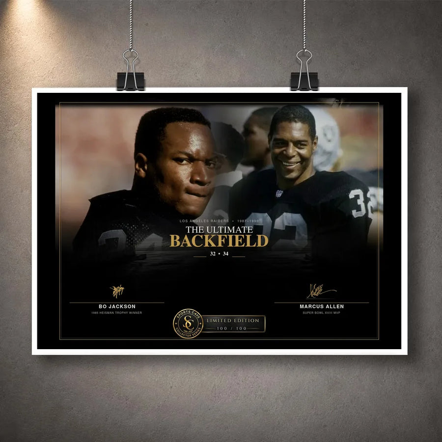 Unframed Bo Jackson and Marcus Allen NFL wall art print featuring The Ultimate Backfield collector design.