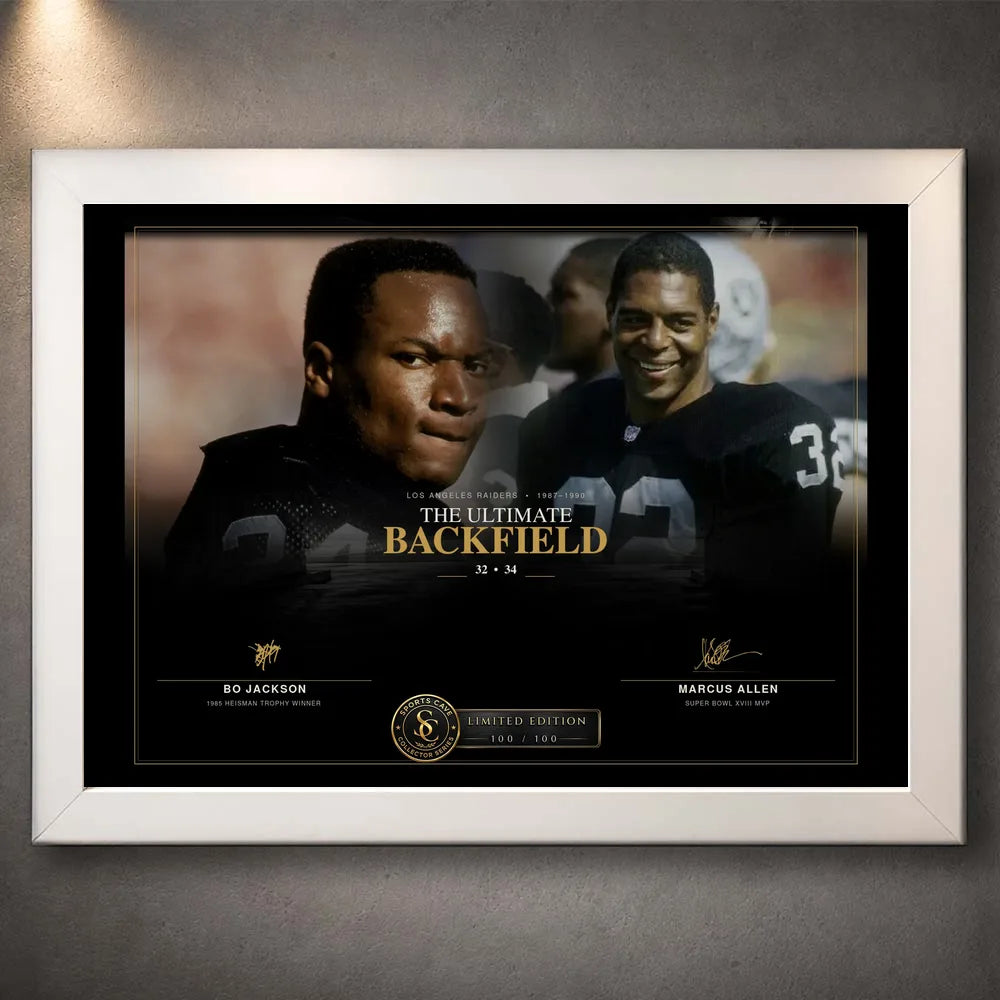 White framed Bo Jackson and Marcus Allen NFL wall art featuring The Ultimate Backfield collector design.