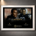 White framed Bo Jackson and Marcus Allen NFL wall art featuring The Ultimate Backfield collector design.