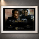 White framed Bo Jackson and Marcus Allen NFL wall art featuring The Ultimate Backfield collector design.