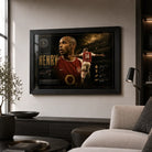 Thierry Henry Arsenal sports wall art displayed in a black frame inside a modern living room.