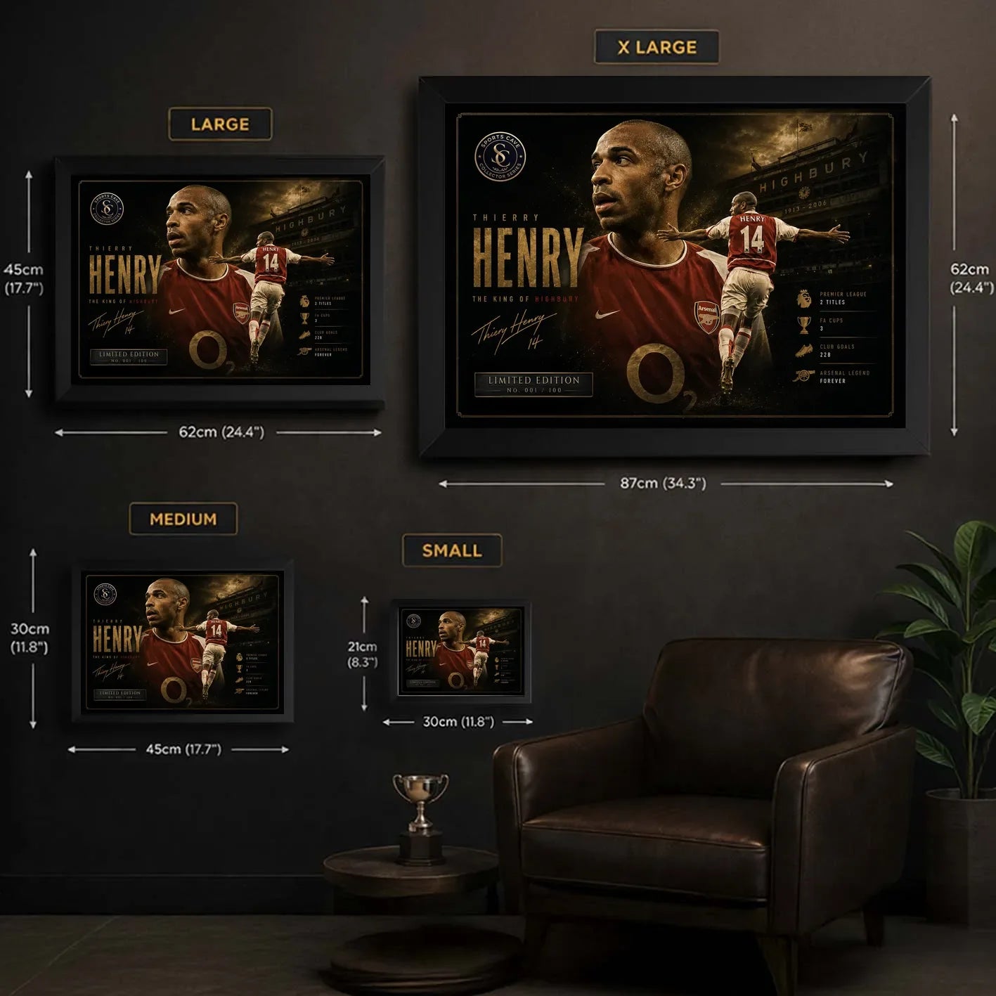 Thierry Henry Arsenal sports wall art size guide showing S, M, L and XL framed print dimensions.