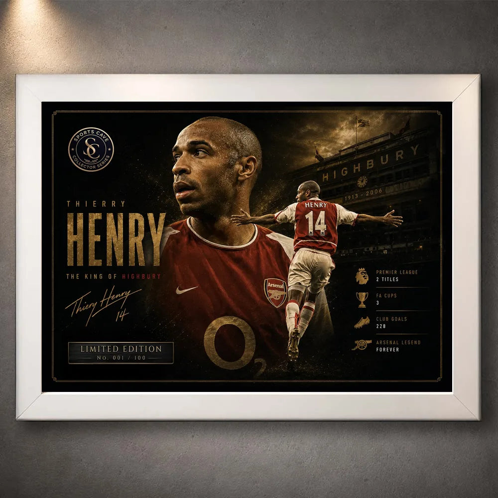 Thierry Henry Arsenal sports wall art shown in a white frame against a textured gallery wall.