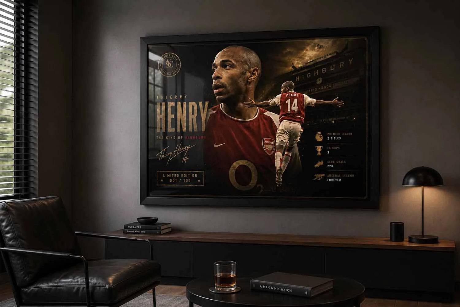 Thierry Henry Arsenal sports wall art displayed in a modern man cave with premium framed sports memorabilia.