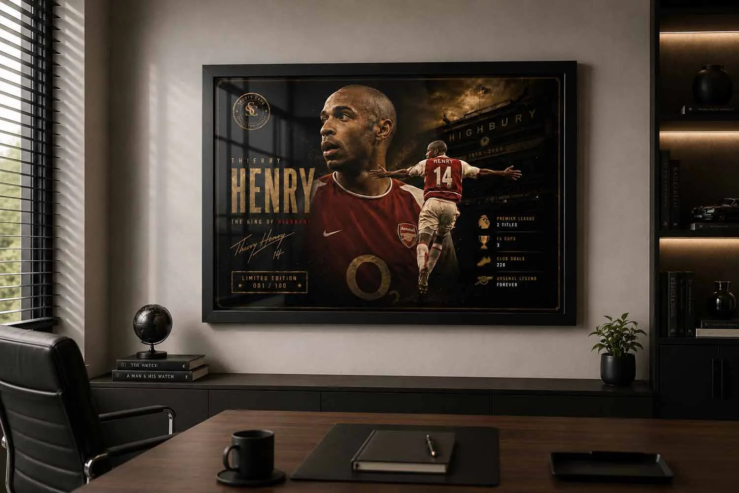 Thierry Henry framed sports wall art displayed in a modern office inspired by Arsenal legend décor.