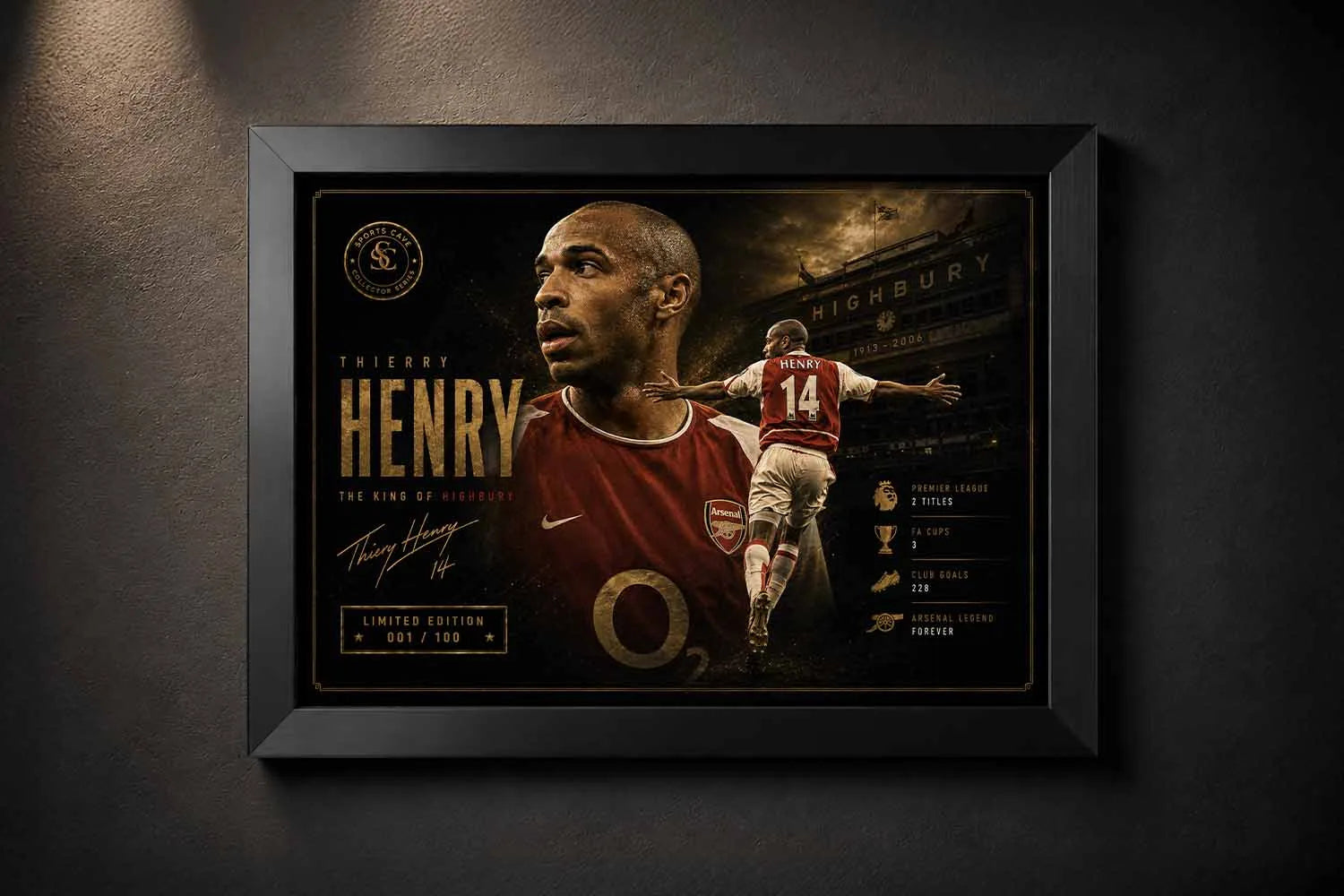 Thierry Henry Arsenal framed sports wall art in a black frame with premium collector-style design details.