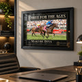 Makybe Diva wall art displayed in a modern office above a desk, framed in black for a horse racing collector.