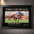 Black framed Makybe Diva horse racing wall art featuring the Three For The Ages collector design.