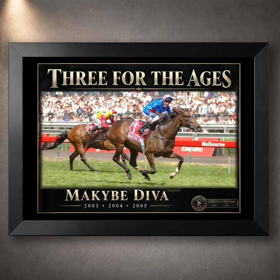 Black framed Makybe Diva horse racing wall art featuring the Three For The Ages collector design.
