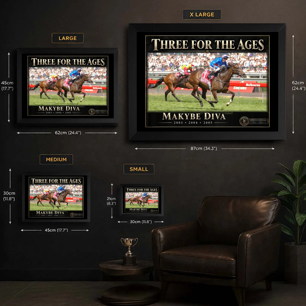 Makybe Diva wall art size guide showing the available framed dimensions from Small through X Large.