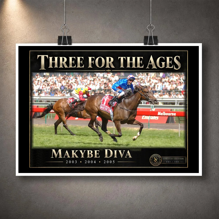 Unframed Makybe Diva horse racing wall art featuring the Three For The Ages collector design with white border.