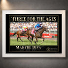 White framed Makybe Diva horse racing wall art featuring the Three For The Ages collector design.