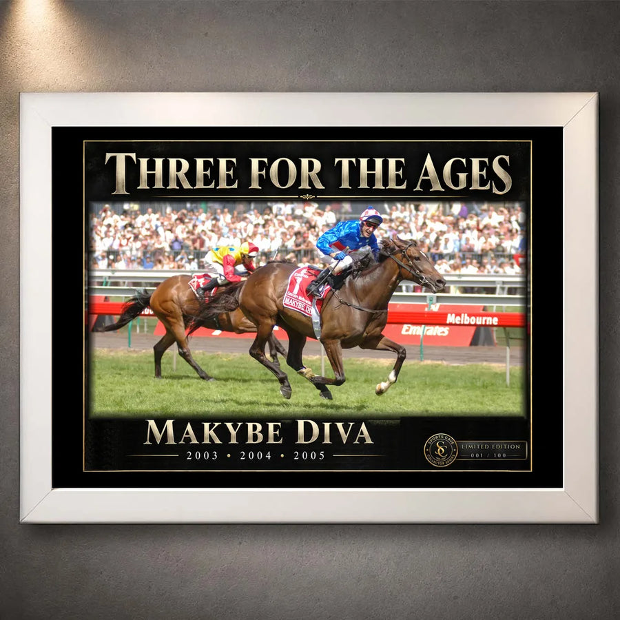 White framed Makybe Diva horse racing wall art featuring the Three For The Ages collector design.