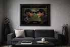 Tiger Woods and Phil Mickelson framed sports wall art displayed above modern sofa in stylish golf-themed man cave setting