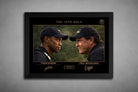 Tiger Woods vs Phil Mickelson rivalry artwork in sleek black frame, premium sports collectibles for golf fans and collectors