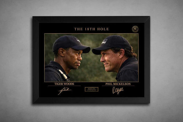 Tiger Woods vs Phil Mickelson rivalry artwork in sleek black frame, premium sports collectibles for golf fans and collectors