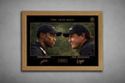 Tiger Woods and Phil Mickelson rivalry artwork in oak frame finish, premium sports collectibles for golf enthusiasts