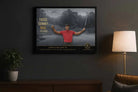 Tiger Woods motivational golf print in black frame displayed above console as man cave sports wall art.