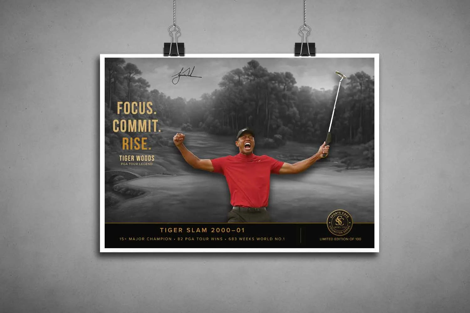 Tiger Woods motivational golf poster unframed, minimalist sports wall art.