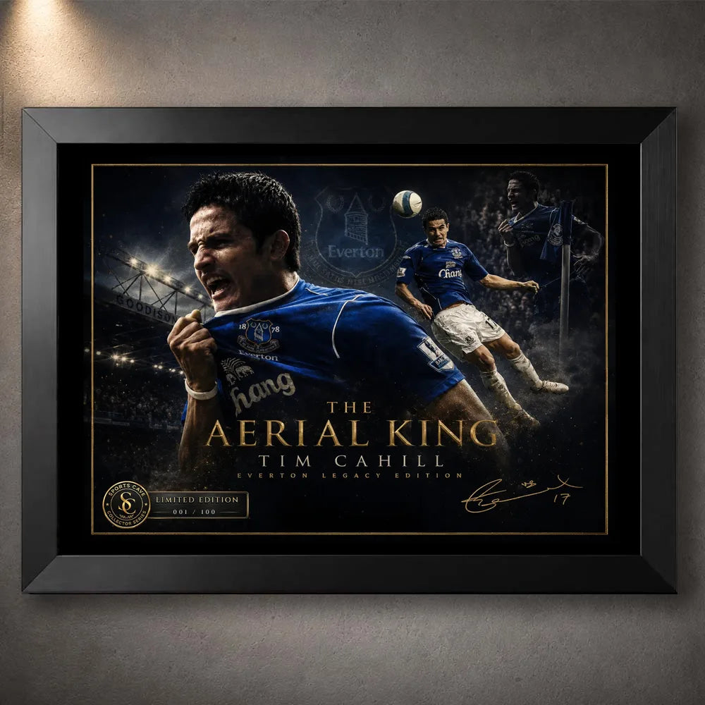 Tim Cahill Everton wall art in a black frame with dark border, gold details and limited edition badge.