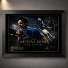 Tim Cahill Everton wall art in a black frame with dark border, gold details and limited edition badge.