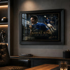 Black framed Tim Cahill Everton wall art on a dark man cave wall with shelving and warm ambient lighting.